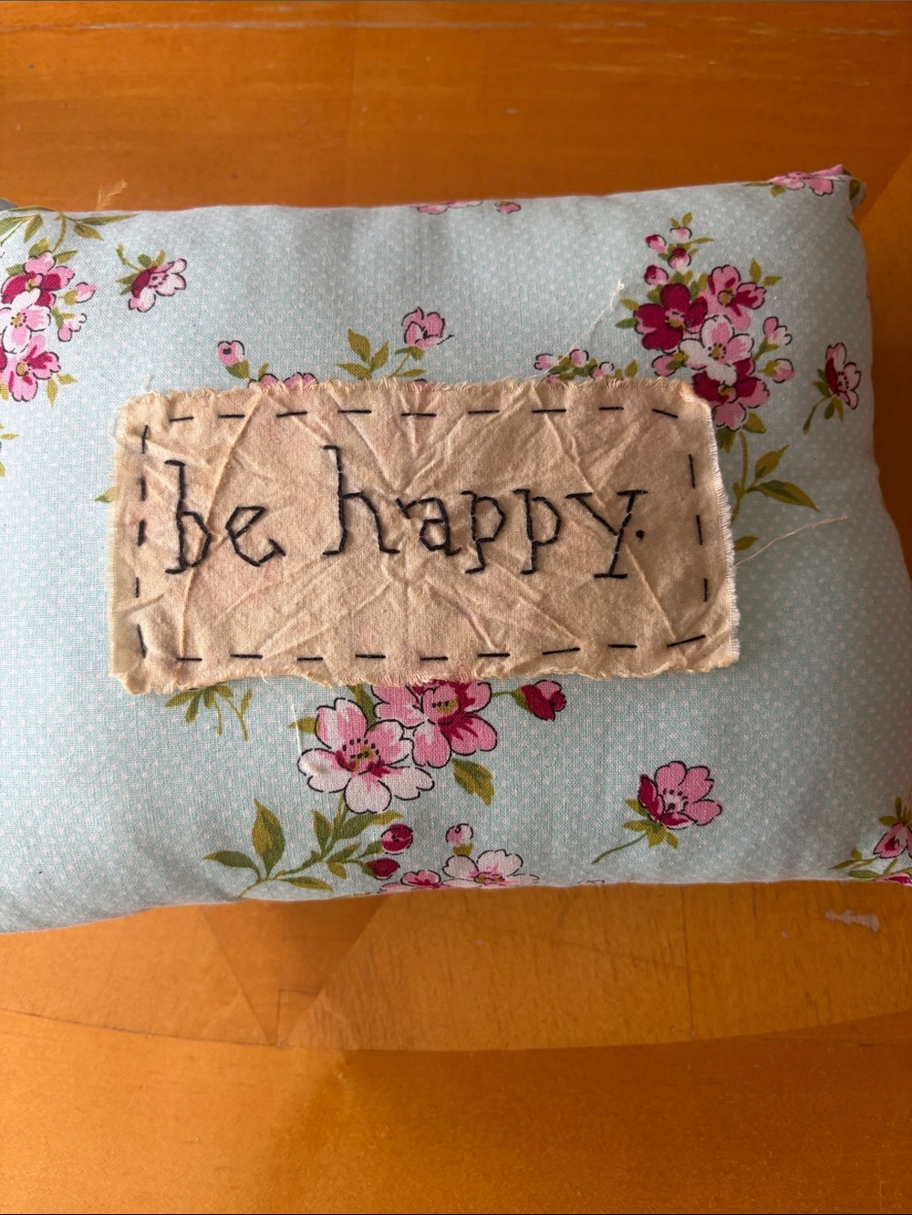 Floral 'Be Happy' Accent Pillow in Light Blue and Pink